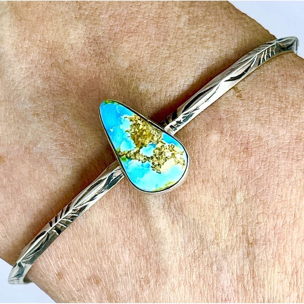 Sonoran Gold Turquoise Navajo Hand Stamped Cuff Bracelet 6.5in Tahe 7g Stacker